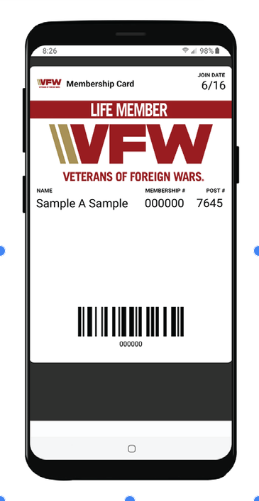Sample VFW digital life membership card displayed on a smartphone